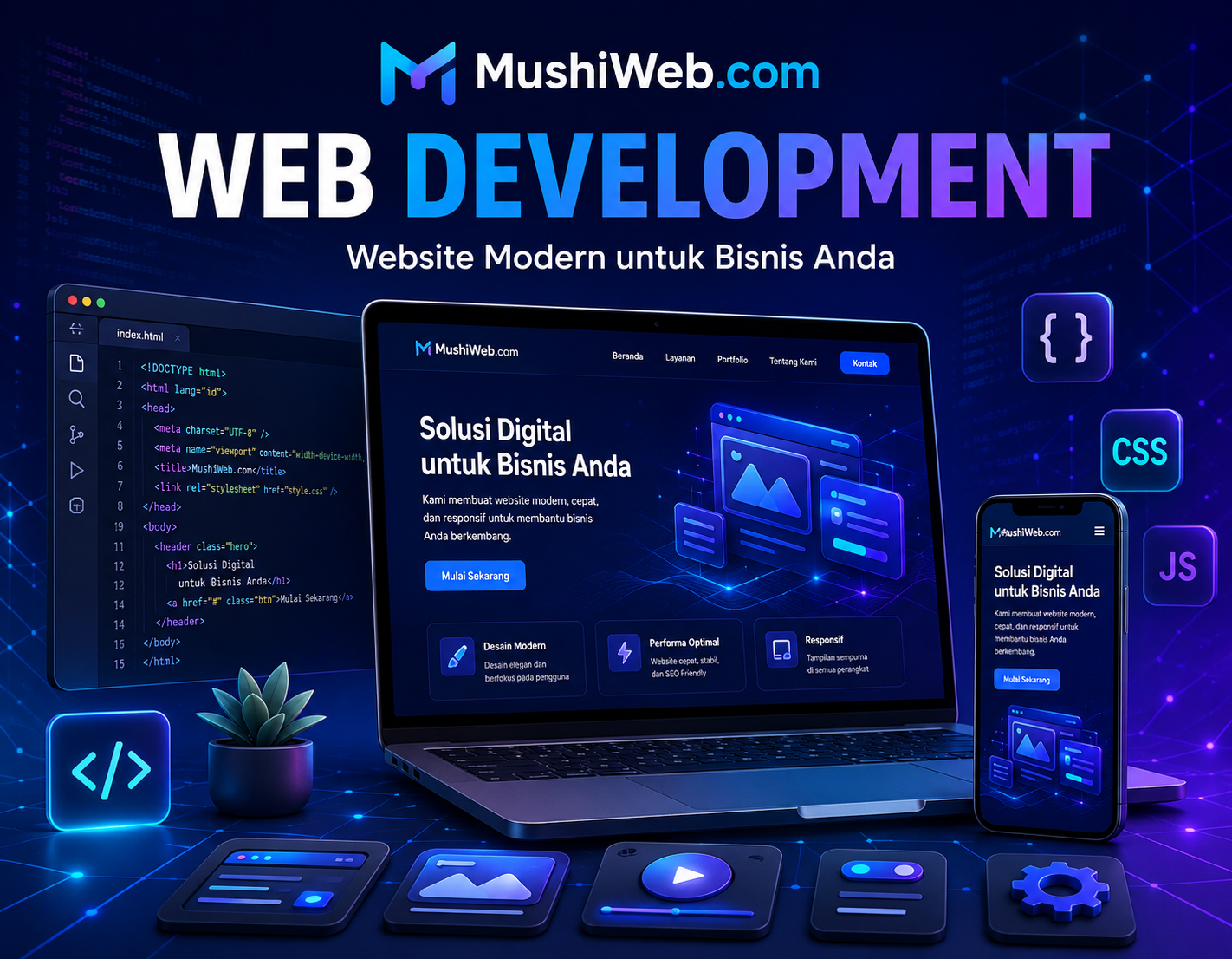 Ilustrasi web development, teknologi, dan project digital MushiWeb